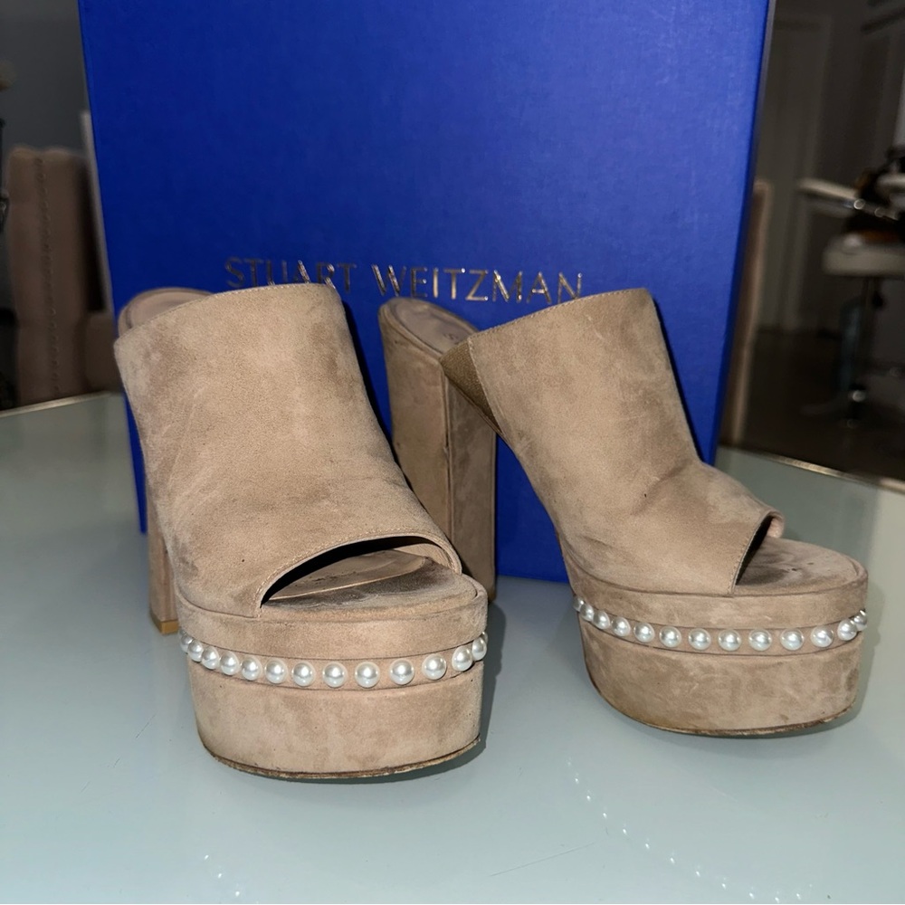 Stuart Weitzman Tan Platform Mules with Pearl Detail